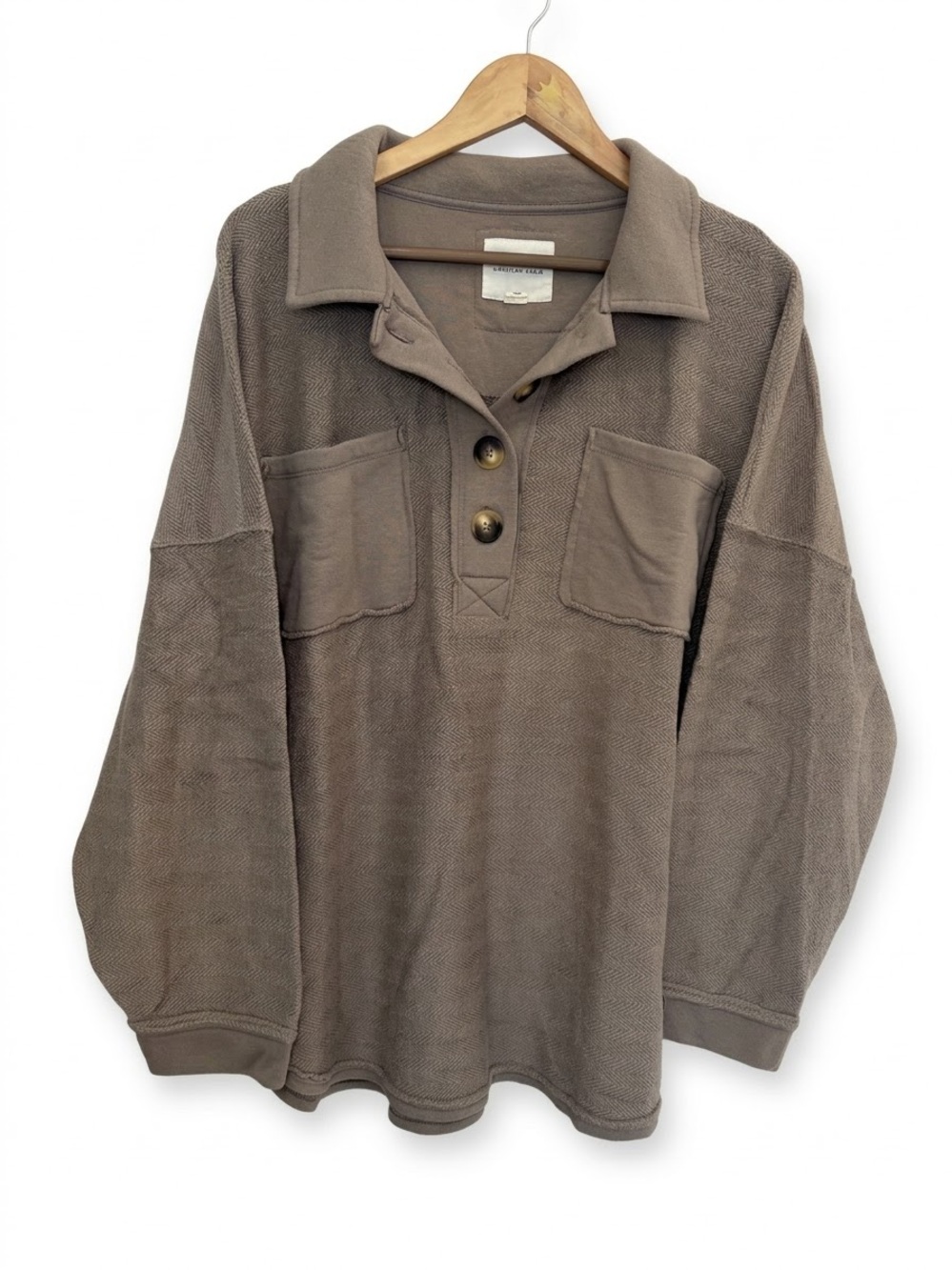 American Eagle Brown Oversized Textured Henley Sweatshirt Pullover Button Front